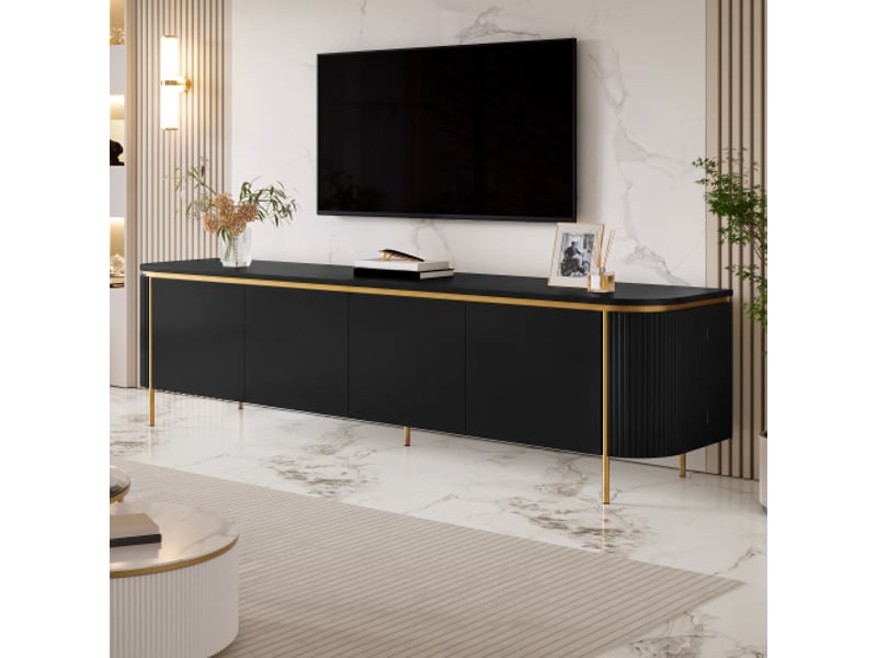  Buffet tv mdf 6 portes, pieds en fer, extrémités arrondies, façades rainurées, passage câbles — meuble salon  - Conforama D