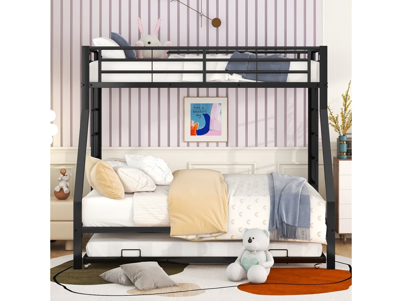  Lit superposé 3 places 90 × 200 cm et 140 × 200 cm avec lit gigogne 90 × 190 cm, sans matelas, en métal noir  - Conforama C