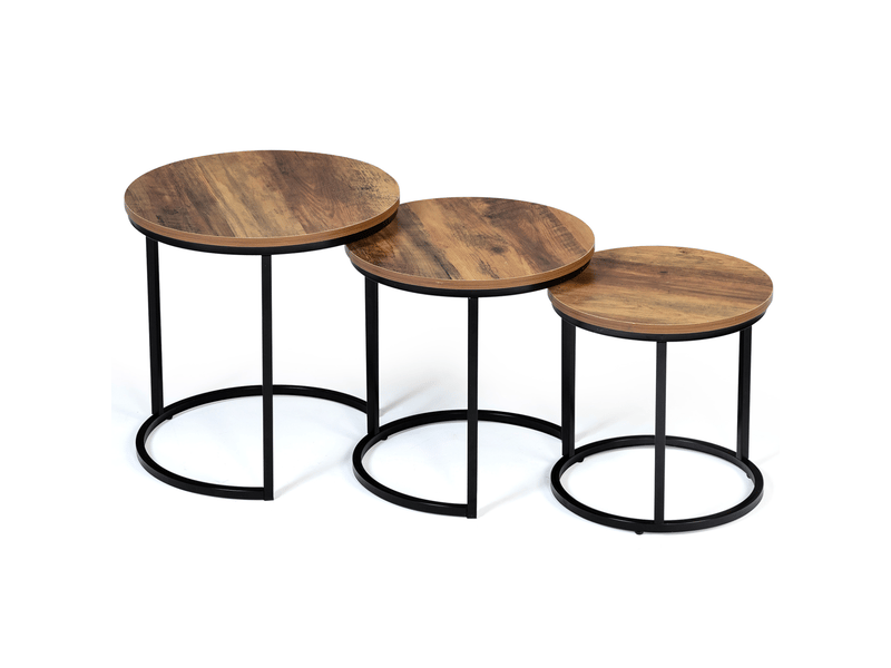 Lot de 3 tables basses gigognes hawkins rondes 30-40-45 bois foncé design industriel  - Conforama D