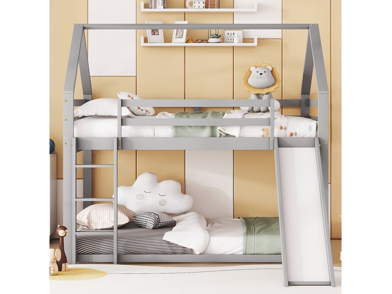 Lit superposé cabane enfant 140x200 cm gris avec toboggan et échelle - Conforama D