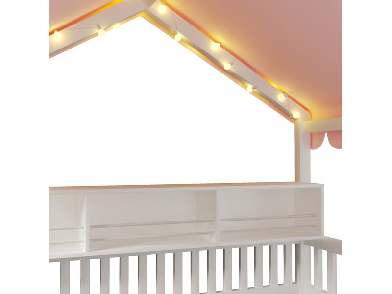  Lit cabane 90 × 200 cm 1 place avec led, étagère et barrières de sécurité, sans matelas, en bois blanc  - Conforama E