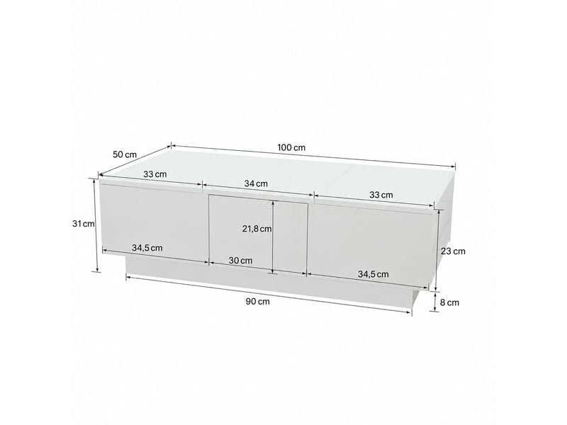  Table basse blanche brillante avec rangement caché et 2 tiroirs, 100 x 50 x 31 cm  - Conforama C