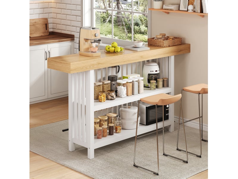 Table de bar avec repose-pieds et 2 étagères ouvertes, style rustique moderne, pour cuisine, 160 × 40 × 105 cm - Conforama B