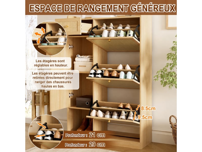  Meuble à chaussures étroit 80,5x25x125 cm, 3 abattants, 1 porte, effet rotin Fay Lum - Conforama B