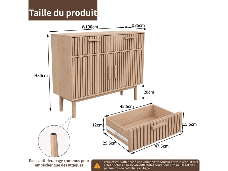  Buffet de rangement, conception de portes à lattes verticales, 2 portes et 2 tiroirs, style européen, bois clair  - Conforama C