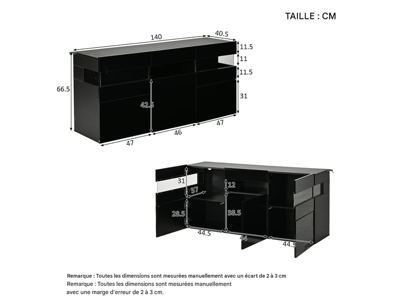  Buffet 3 portes avec éclairage led noir brillant 140 x 40.5 x 66.5 cm N625P352889890S - Conforama C