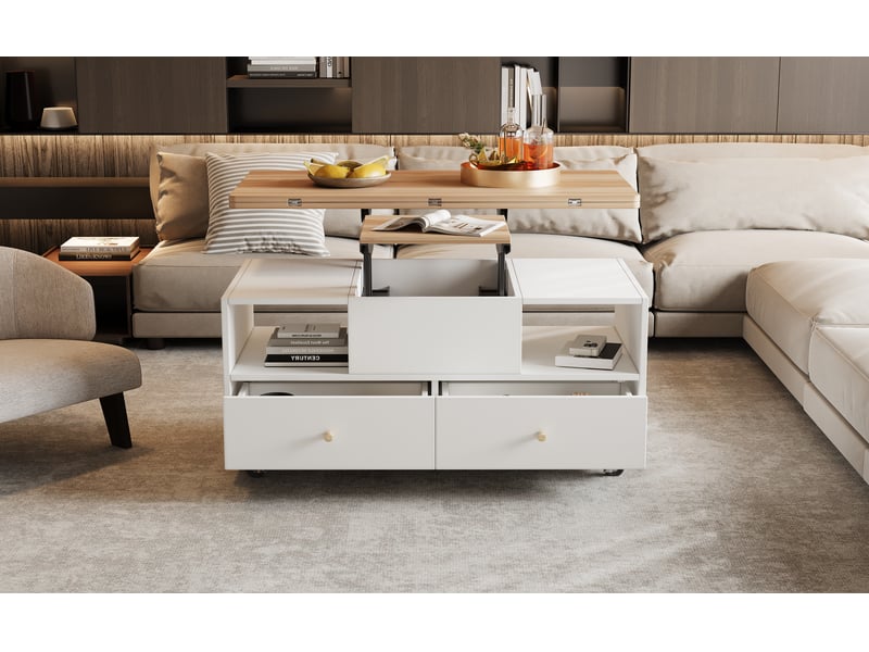 Table basse relevable pliante 100 x 50 x 47,5 cm bois clair et blanc mdf avec 4 tiroirs rangement et roues evarich - Conforama D