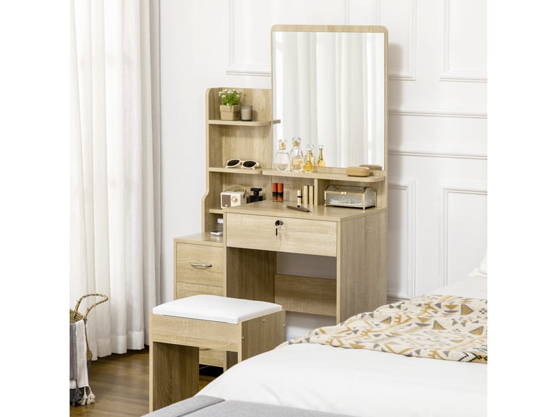  Ensemble de coiffeuse table de maquillage avec tabouret rembourré grand miroir + plusieurs étagères ouvertes + 4 tiroirs bois naturel  - Conforama C