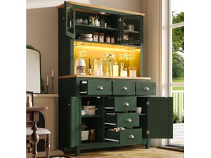 Buffet haut 104x40x180 cm avec led,6 tiroirs et 4 portes, coloris vert