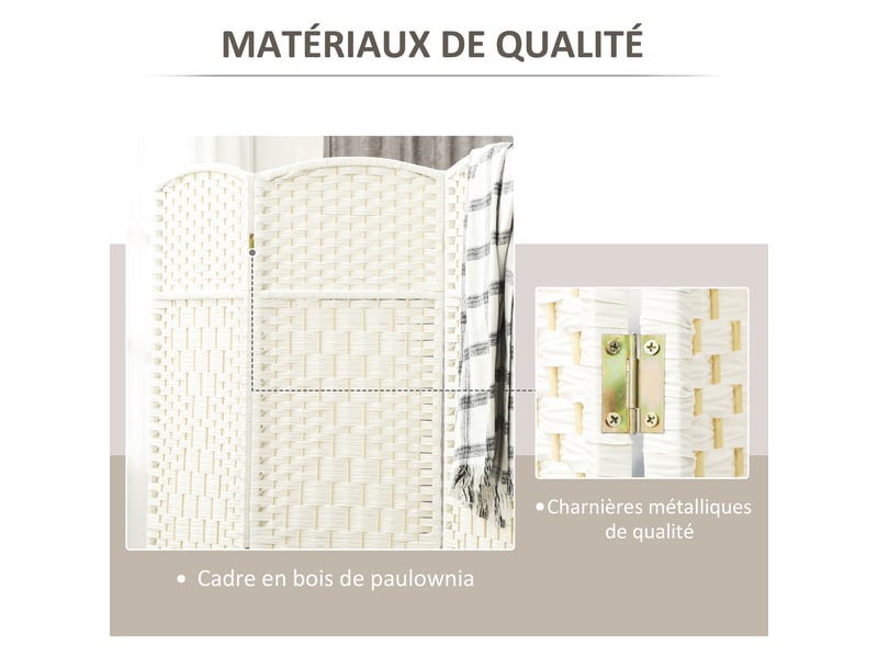  Paravent intérieur en bois 4 panneaux séparateur de pièce pliable pour salon chambre blanc 180 x 180 cm  - Conforama R
