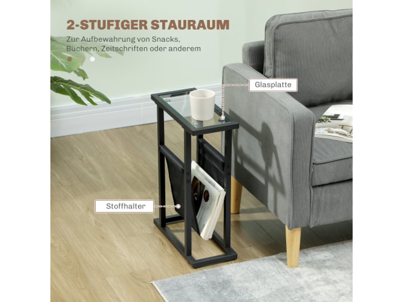 Table d’appoint noire avec plateau en verre et sac en tissu, cadre métal 40x18x55,5 cm - Conforama B