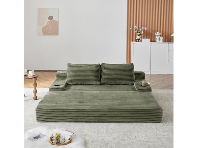 Canapé droit convertible 2 places en velours côtelé vert avec porte-gobelets et poches de rangement latérales - Conforama E