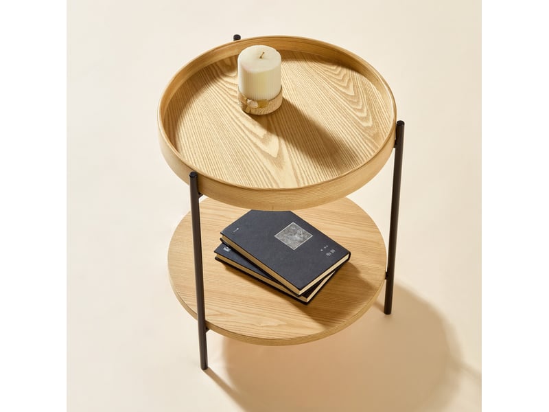  Table basse ronde à 2 plateaux, structure ouverte, style moderne, pour salon, en bois massif et mdf, naturel  - Conforama C