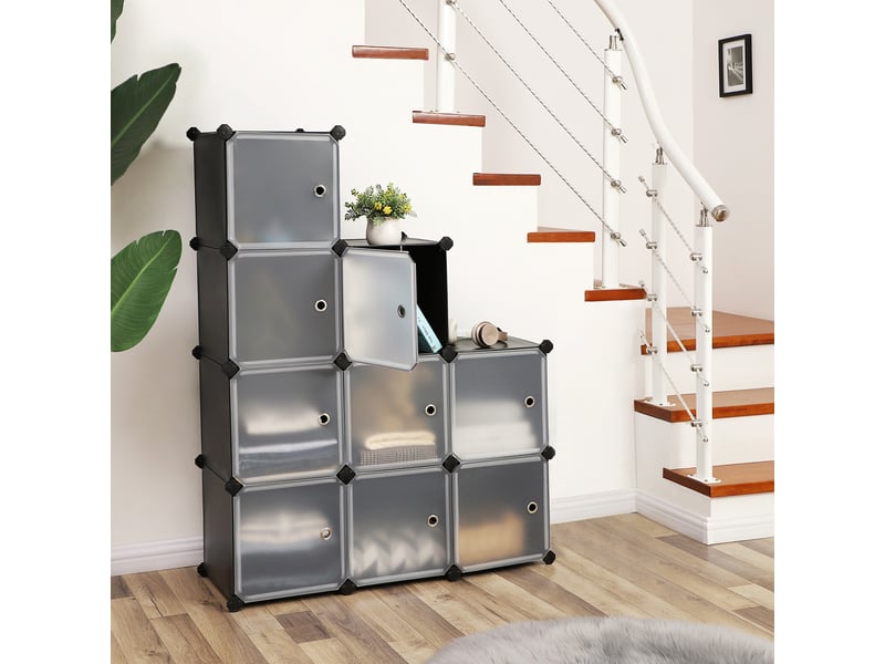 Songmics lpc116hs meuble de rangement 9 cubes en plastique avec portes, armoire modulaire pour vêtements, chaussures, jouets, livres, facile à assembler, noir 31 x 93 x 93 cm, Excellente stabilité,Noir - Conforama C