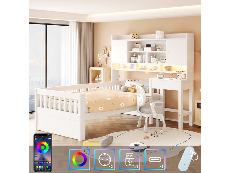  Lit avec bureau intégré 90x200 cm - éclairage led - grand rangement - sommier à lattes - avec tiroirs - bois massif - structure fonctionnelle - blanc CozyNest - Conforama E