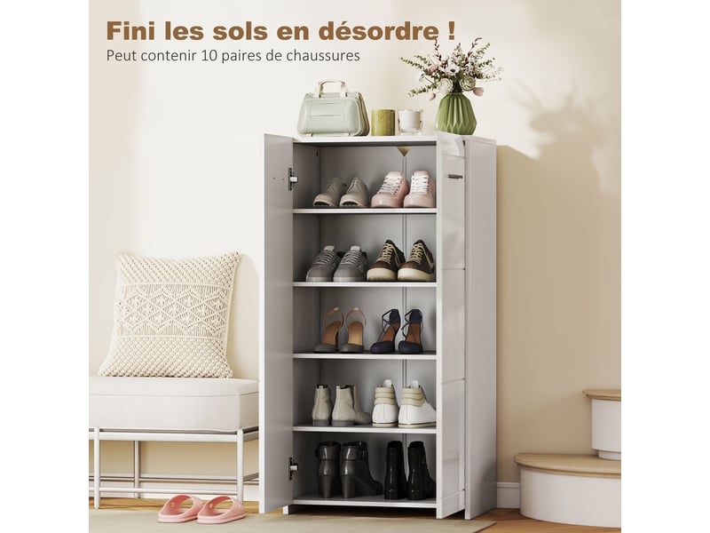  Meuble à chaussures 10 paires, armoire à chaussures à haute brillance 5 niveaux, étagères réglables, 55x36x108cm, blanc  - Conforama E