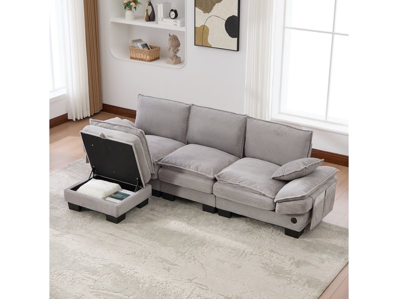 Canapé modulable 3 places en velours côtelé gris clair avec pouf de rangement - Conforama B