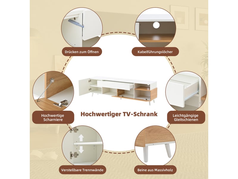  Meuble tv 180×38×50 cm, tv 75 pouces, panneaux de particules, façade brillante, porte abattante, tiroir et 7 espaces  - Conforama E
