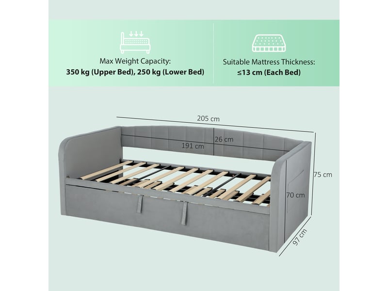  Canapé lit gigogne 3 places relevable 90x190, tête rembourrée en velours gris  - Conforama E