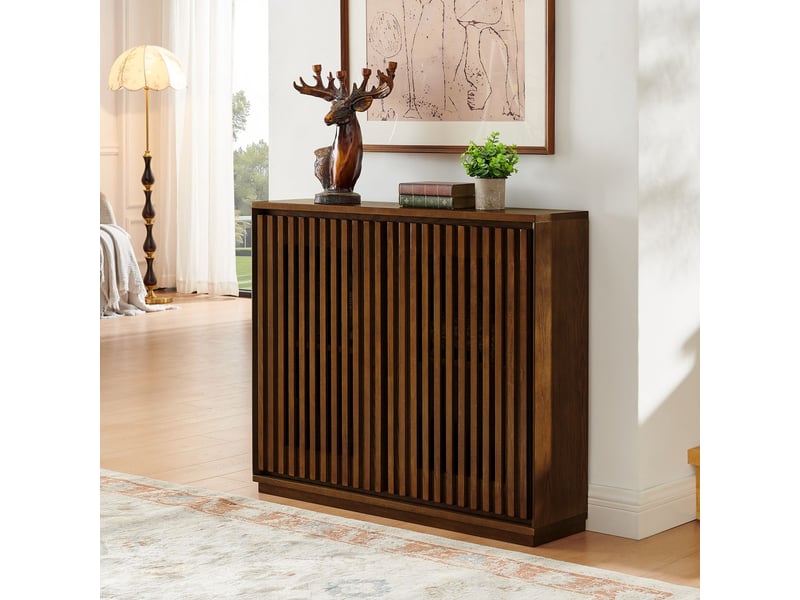  Buffet façade rainurée structure évidée deux ouvertures rangement bois de noyer  - Conforama B