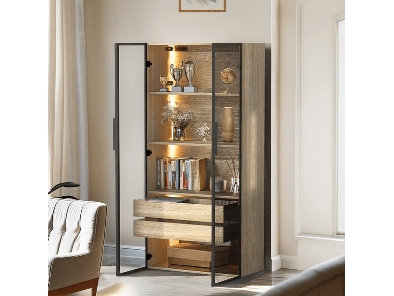  Meuble de rangement suspendu ou à poser 74x36x155 cm, pour salle de bain, en mdf naturel, portes vitrées, éclairage led  - Conforama D