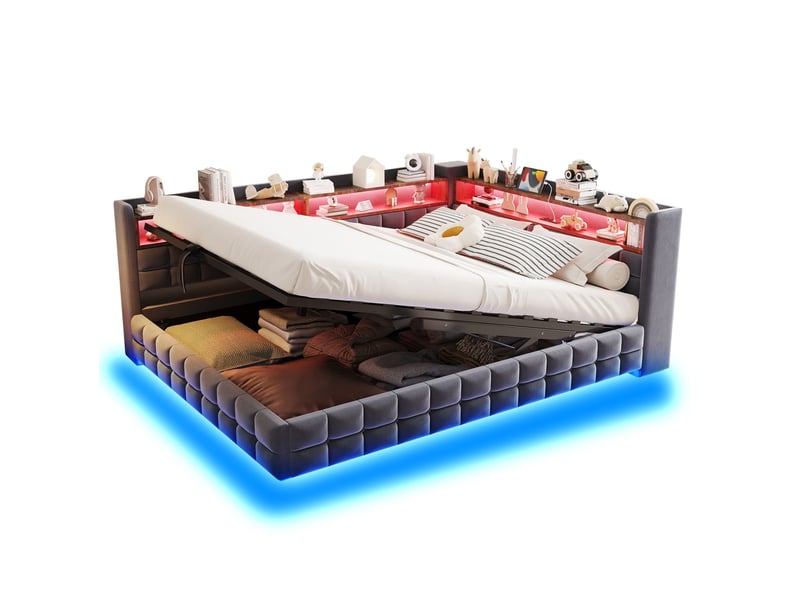  Lit coffre 140x200 cm avec led, prises et rangement mdf gris foncé sans matelas  - Conforama A