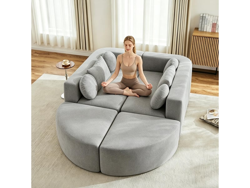 Canapé d'angle modulable en tissu chenille gris, canapé nuage sans montage avec fonction lit intégrée pour salon et chambre, 292x165x68 cm - Conforama B