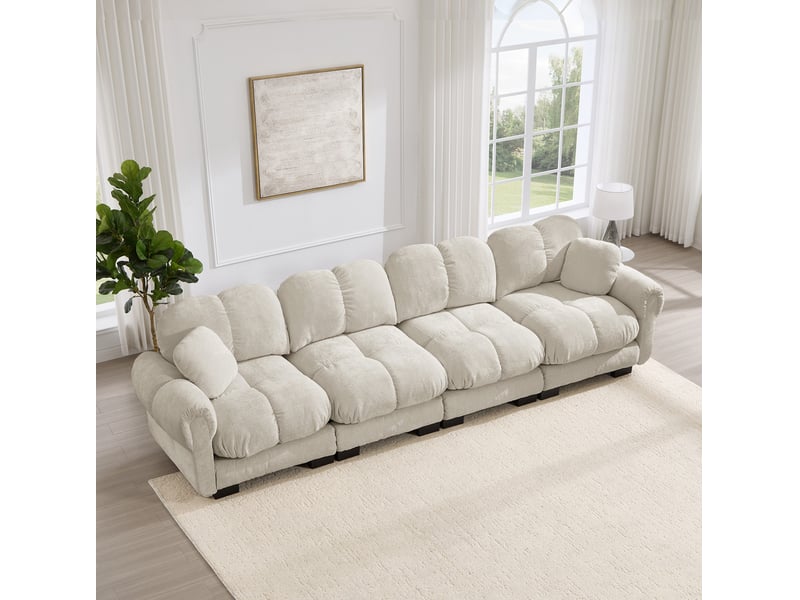 Canapé modulaire design confort 330x86x90 cm, coussins garnis, canapé salon avec accoudoirs incurvés, chenille, kaki clair - Conforama D