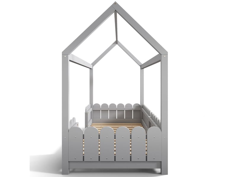  Lit cabane enfant 90x200 cm - gris bois mdf barrière protection - lit enfant - forme maison ludique toit - sommier à lattes  - Conforama A