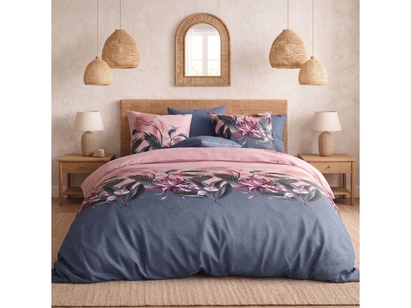  Parure housse de couette 240x220cm + 2 taies motif floral bleu et rose 100% coton - blum BLUM - Conforama A