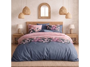 Parure housse de couette 240x220cm + 2 taies motif floral bleu et rose 100% coton - blum