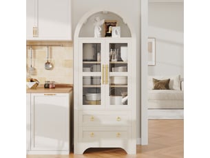 Buffet haut blanc avec portes vitrées, étagères réglables, tiroirs et rangement