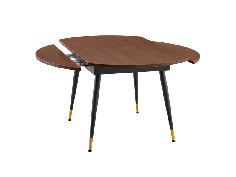 Table à manger extensible, table ronde à ovale, table salon design, plateau mdf, finition noyer, pieds métal dorés - Conforama W