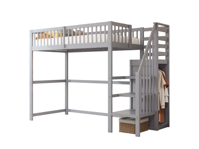 Lit mezzanine 90x200 avec escalier et armoire, lit enfant en bois massif gris, gain de place avec sommier à lattes, 255x95x177.5cm - Conforama C