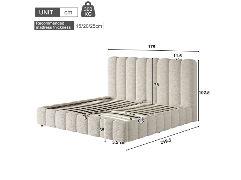 Lit double 160x200 avec coffre hydraulique, sommier à lattes, tête de lit capitonnée blanche en bouclé, grand rangement - Conforama C
