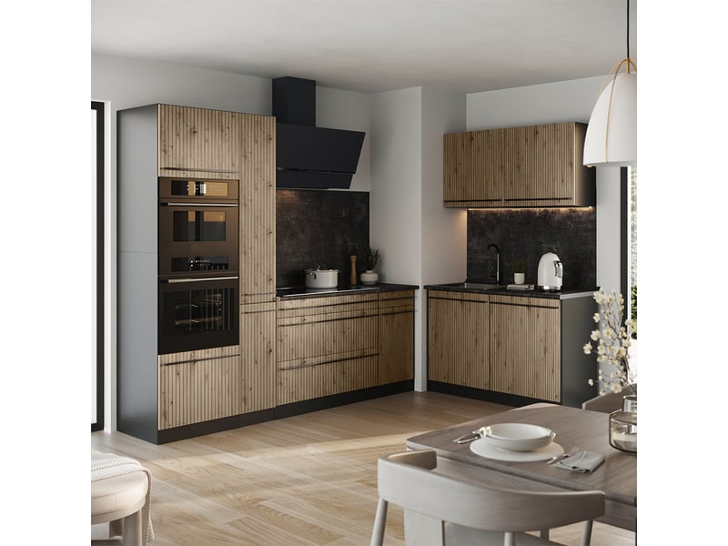  Vicco cuisine en angle, chêne artisananthracite, 230 x 120 cm plan de travail marbre  - Conforama C