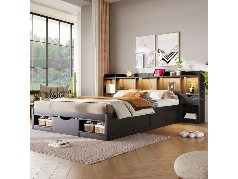 Lit avec rangement 140x200 cm, structure en bois, coloris noir, 3 tiroirs intégrés, éclairage led, ports usb et usb-c, chevets assortis  - Conforama B