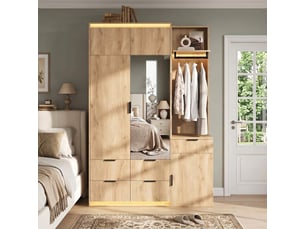 Armoire vestiaire d'entrée meuble avec miroir et led vestiaire penderie chêne 135x47x200cm
