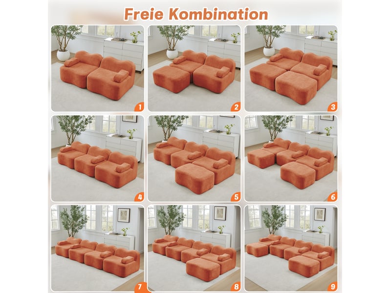  Canapé d'angle modulable 3 places en velours orange avec 2 poufs, forme u et assise profonde pour le salon  - Conforama D