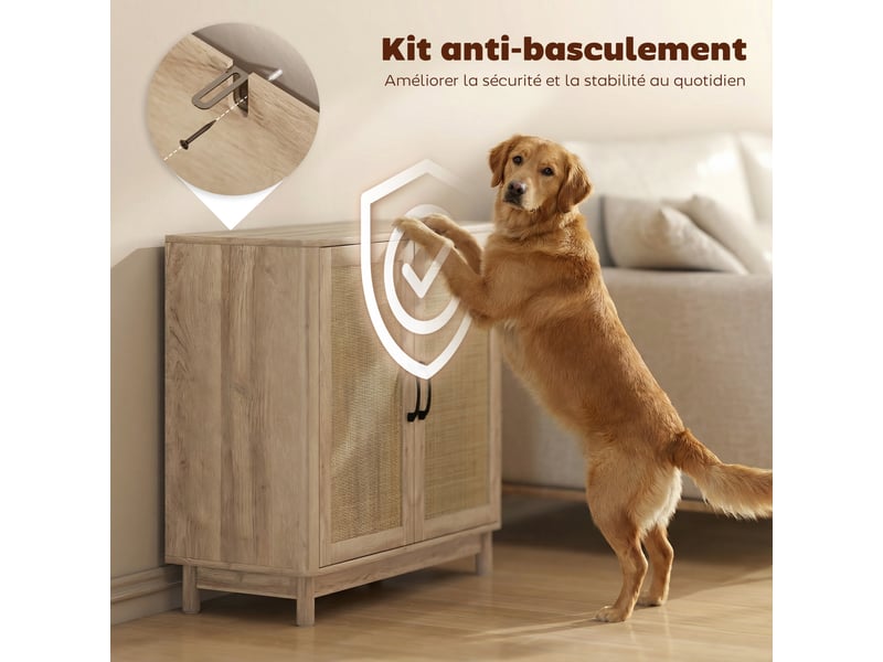  Buffet salon, meuble de rangement avec 2 portes en rotin, étagère réglable et bords arrondis, chêne, 76 x 35 x 75,5 cm  - Conforama R