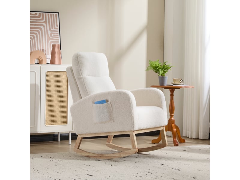  Fauteuil à bascule - 75x63x104 cm - chaise à bascule ergonomique en tissu teddy avec pochette - blanc  - Conforama D