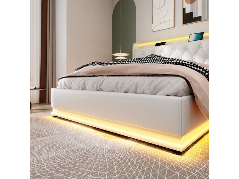  Lit rembourré double 160*200 cm avec led 360°, usb-c, coffre hydraulique et sommier à lattes, blanc pu, matelas inclus  - Conforama D
