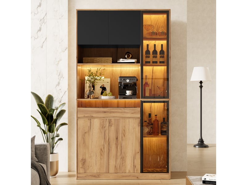 Buffet haut de cuisine 100 x 40 x 180 cm effet bois et noir, 6 portes dont 2 vitrées, tiroir, led par application et étagères, pour cuisine et séjour - Conforama B