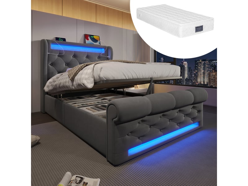  Lit coffre, lit enfant 90x200 cm, tête de lit avec rangement, led, usbusb-c, velours gris, matelas inclus  - Conforama A