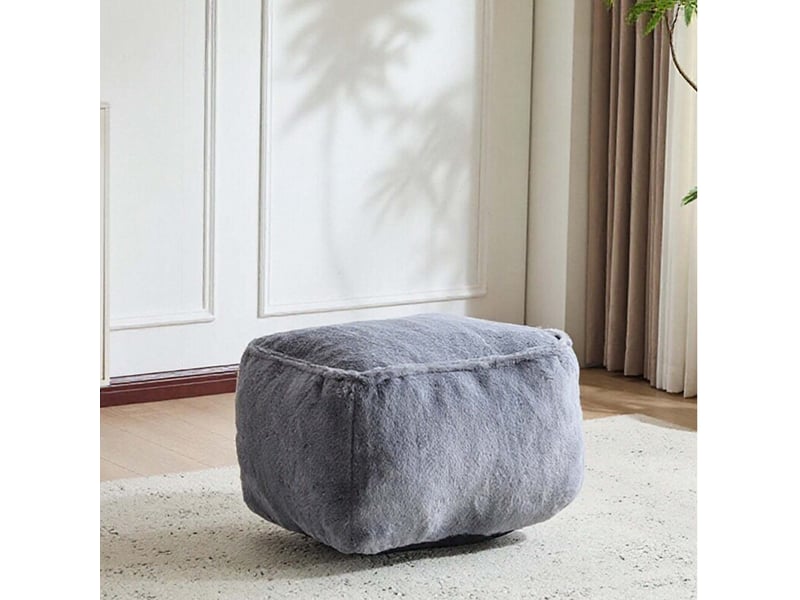 Fauteuil avec pouf assorti, assise en mousse et forme arrondie pour salon, en fausse fourrure grise - Conforama E