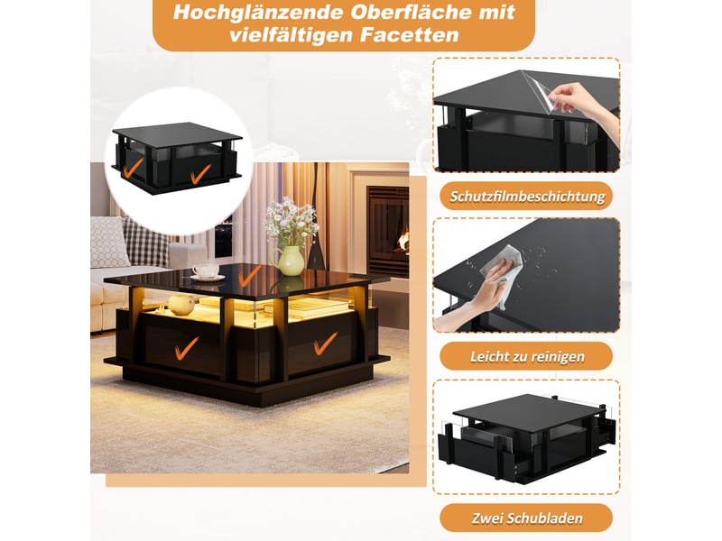  Table basse, mdf, noir, 70 x 70 x 35 cm, avec éclairage led, avec rangement  - Conforama R