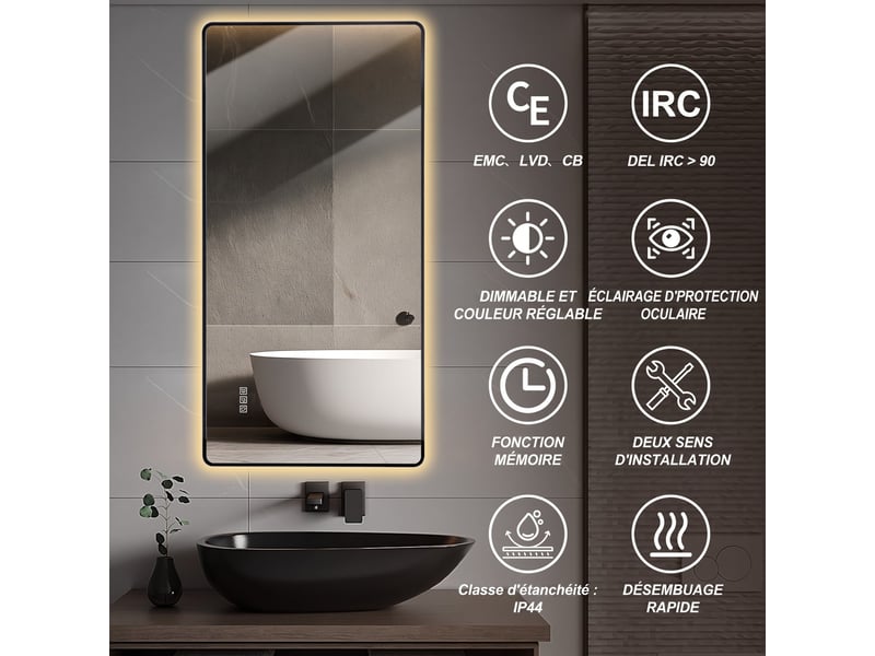  Miroir salle de bains led 60x120 cm anti-buée à cadre aluminium noir  - Conforama R