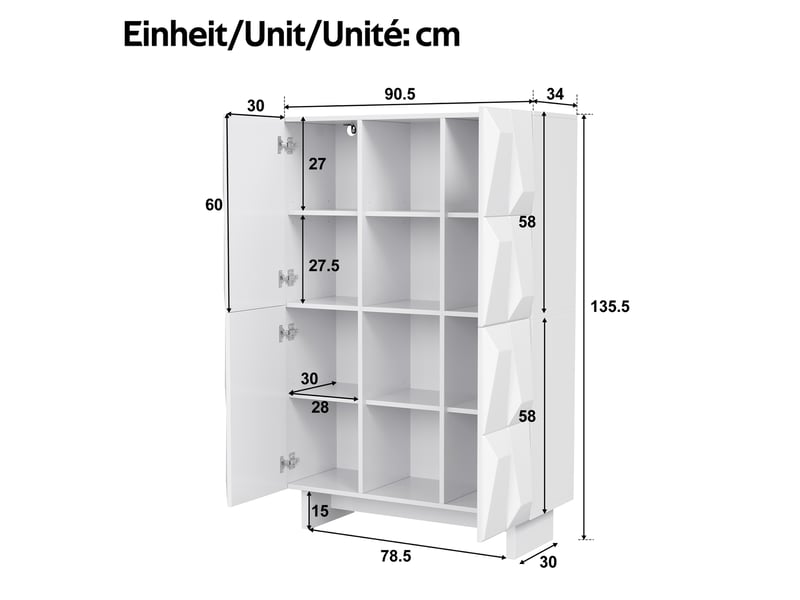  Buffet de rangement 90,5x34x135,5 cm, 4 portes, 12 compartiments, façades en relief, niches ouvertes pour entrée - blanc  - Conforama C