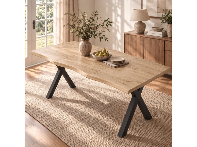  Table à manger de cuisine - bords ondulés - pieds métalliques en x - plateau de 28 mm - mdf - bois naturel  - Conforama D
