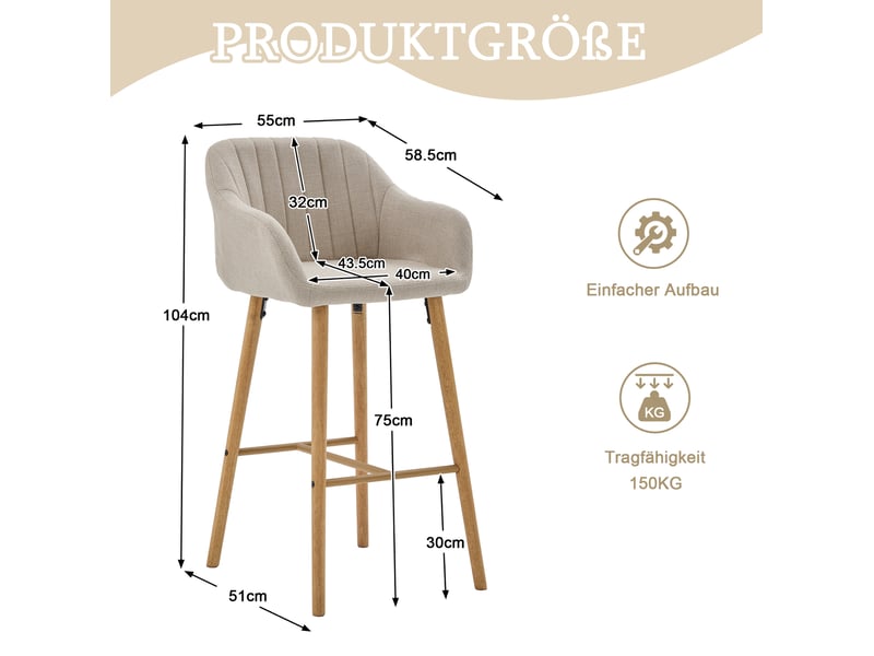  Lot de 2 tabourets de bar 55x58,5x104 cm avec accoudoirs en tissu beige  - Conforama C